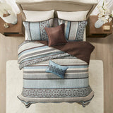 5 Piece Medallion Reversible Jacquard Quilt Set, Blue