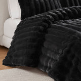 3 Piece Ultra Soft Faux Fur Ribbed Comforter Set, Black