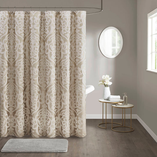 Ivory Damask Medallion Jacquard Shower Curtain, Tan
