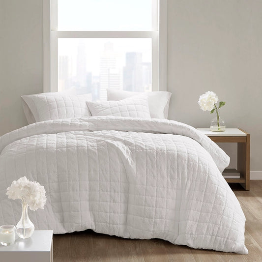 Crushed Microfiber Quilted Comforter/Duvet Cover Set, White