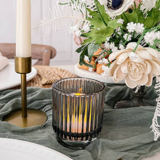 Ribbed Smoke Gray Glass Votive Holders Set of 6
