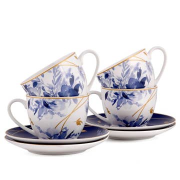Mizuki Blue Porcelain Teacup & Saucer Set of 4