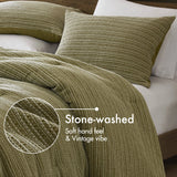 3 Piece Vintage Waffle Washed Comforter Set, Green