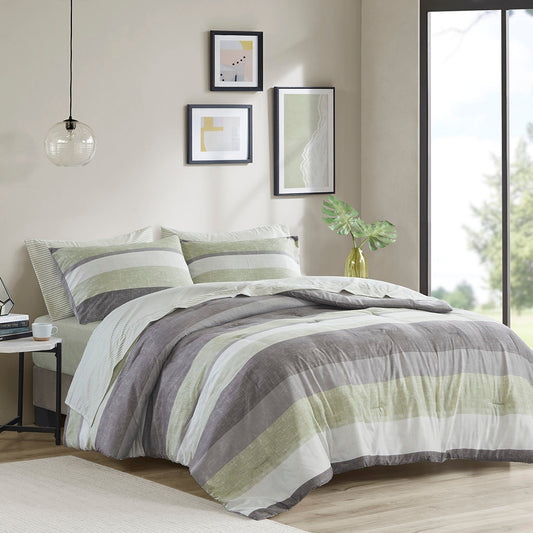 Stripe Modern Comforter Set with Bed Sheets, Green/Grey