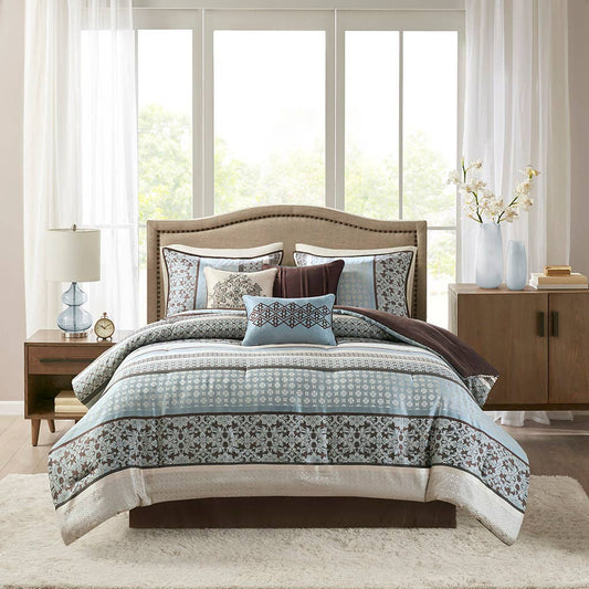 Classical Damask 7-Piece Comforter Set, Brown/Blue