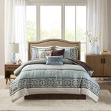 Classical Damask 7-Piece Comforter Set, Brown/Blue
