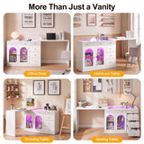 Rotatable L-Shaped Vanity Desk with Led Light, Double Arched
