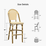 PURPLE LEAF French Counter Height Bar Height Stool Set of 2, Patio Bar Chairs with Back Rattan, French Bistro Set