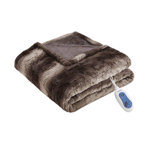 Heated 50x70" Faux Long Fur Electric Throw Blanket, Brown