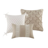 7 Piece Lace Trim Pintucked Farmhouse Comforter Set, Taupe