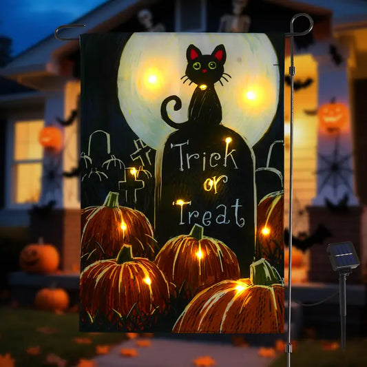 Solar Halloween Garden Flag 12x18 - Black Cat & Pumpkin, Led