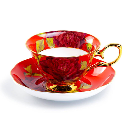 Gold Red Rose Bone China Tea Cup & Saucer 7oz