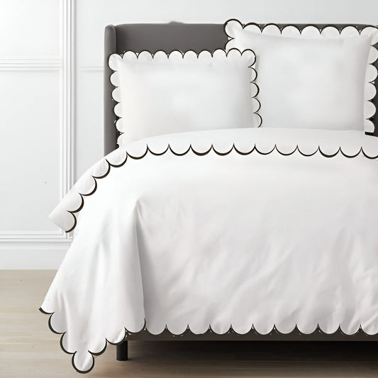Allena 400TC Cotton Scallop Embroidery Sateen Solid Duvet Cover Set