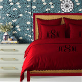 Monogram Burgundy 400TC Cotton Small Scallop Embroidery Duvet Cover Set