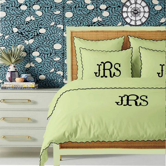 Monogram Sage 400TC Cotton Small Scallop Embroidery Duvet Cover Set