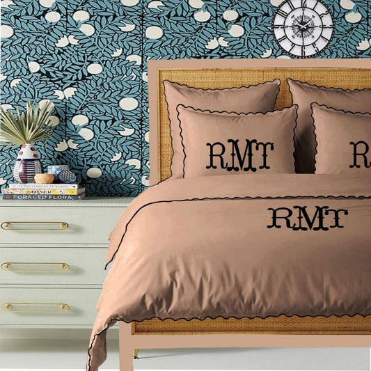 Monogram Taupe 400TC Cotton Small Scallop Embroidery Duvet Cover Set