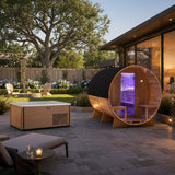 4-6 Person Electric Rock Heater Outdoor Barrel Panoramic Cedar Sauna with 1-Person Chestnut Cold Plunge & 1-Hp Chiller