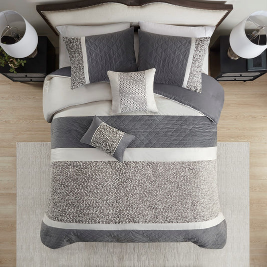 5 Piece Textured Jacquard Stripe Comforter Set, Grey