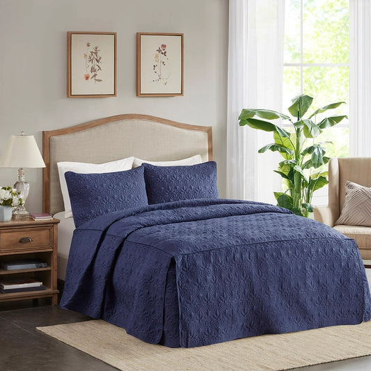 3 Piece Split Corner Pleated Quilted Bedspread, Navy