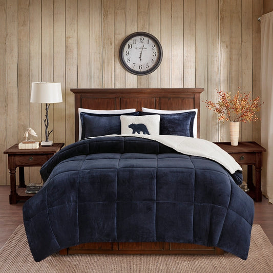 Plush To Sherpa Winter Comforter Set, Navy Blue