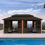 PURPLE LEAF Bronze Frame Sunroom Hardtop Gazebo Solarium Wood Grain Columns Galvanized Steel Double Roof All-Weather Screen House