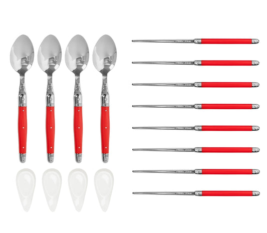 Red Chopsticks & Laguiole Spoons with Ceramic Rests, 4 Pairs