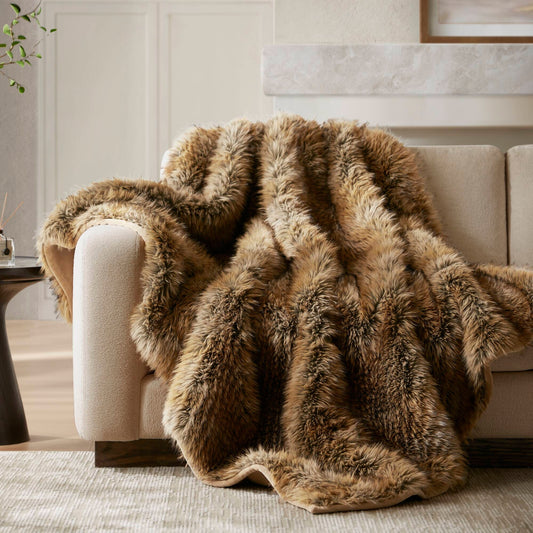 Animal Print Inspired Faux Fur Throw Blanket, Bobcat