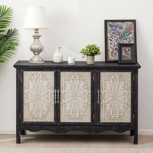 Accent Cabinet Rustic Storage Cabinet with 3 Carved Doors,