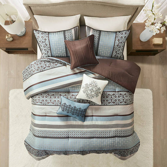 Classical Damask 7-Piece Comforter Set, Brown/Blue