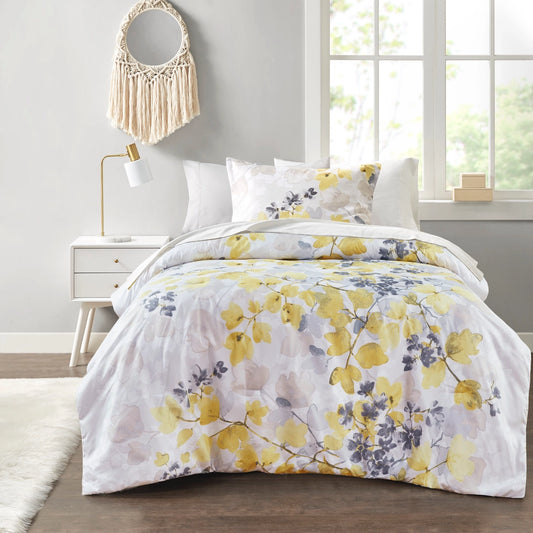 Modern Leaves Comforter Set with Bed Sheets, Yellow