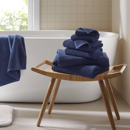 6pcs 100% Cotton Quick-Dry Ribbed Towel Set, Navy