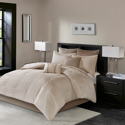 Faux Silk Rainy Pieced 8-Piece Comforter Set, Natural