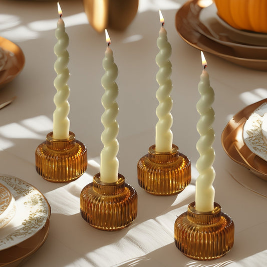 Fluted Amber Glass Candle Holders Set of 4