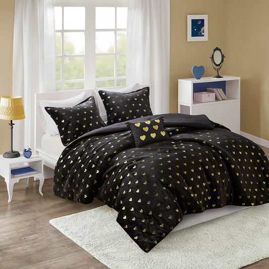 Gold Metallic Printed Plush Comforter Set, Black
