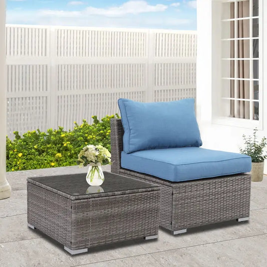 2 Pieces Patio Armless Single Wicker Sofa Couch Side Table