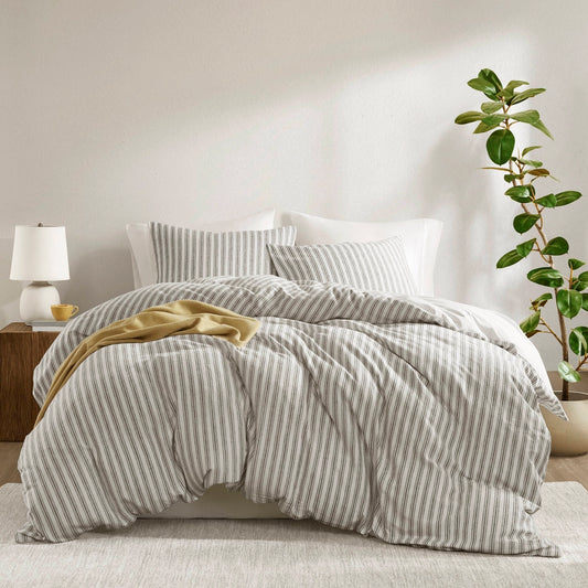 3 Piece Yarn-Dyed Stripes All-Seasons Duvet Set, Grey