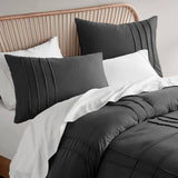 Grid Textured Soft Washed Pleated Comforter Set, Black