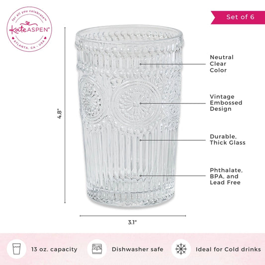 Vintage Textured Clear Drinking Glasses Set of 6
