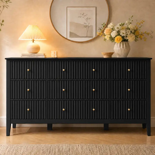 Wholesale Fluted 9-Drawer Black Wood Dresser