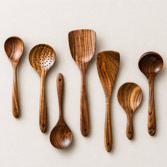 Traditional 7 Pieces Natural Teak Utensil Set