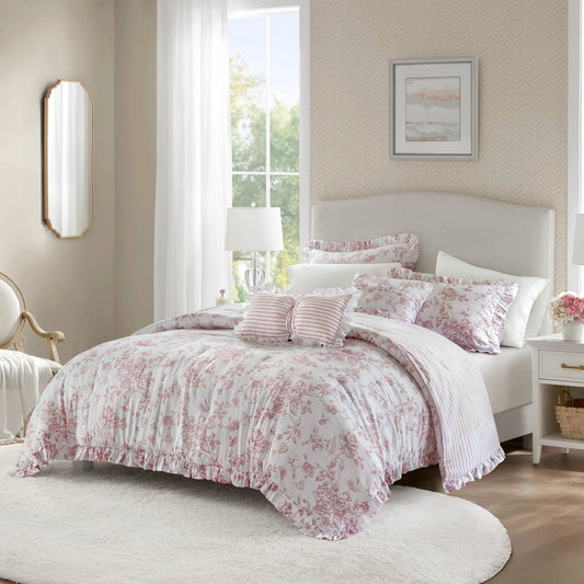 Vintage Comforter Set with Decorative Pillows, Pink