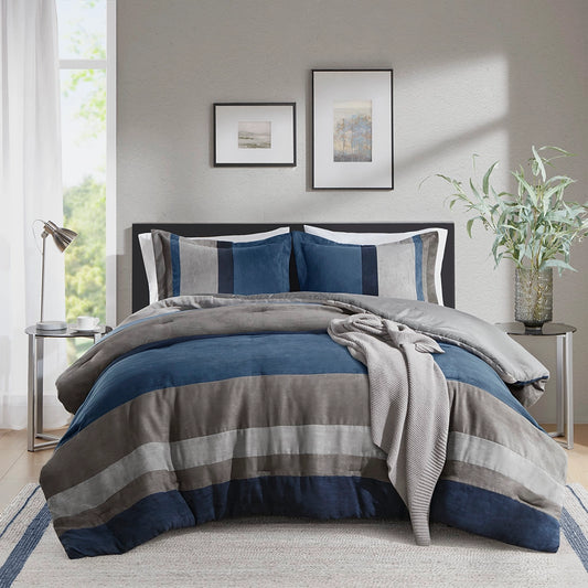 Fluffy Striped Pieced Faux Suede Comforter Set, Blue
