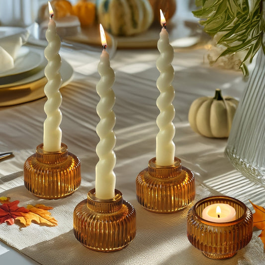 Fluted Amber Glass Candle Holders Set of 4