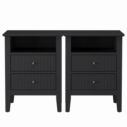 Black Fluted Nightstand with 2 Drawers, Modern Sofa Table