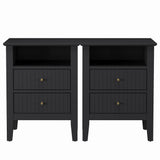 Black Fluted Nightstand with 2 Drawers, Modern Sofa Table