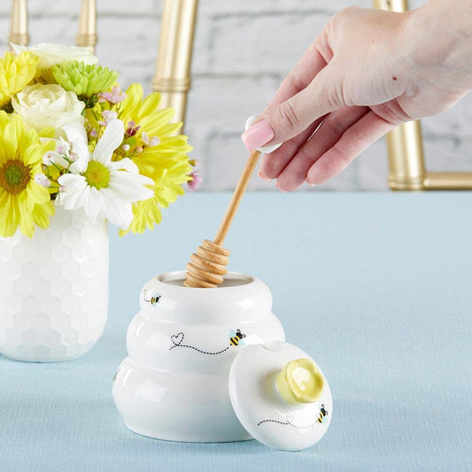 Sweet As Can Bee Ceramic Honey Pot with Wooden Dipper- Large