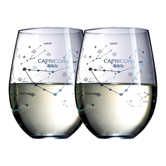 Set of 2 Zodiac Sign Wine Glasses with 2 Wooden Coasters (Capricorn)