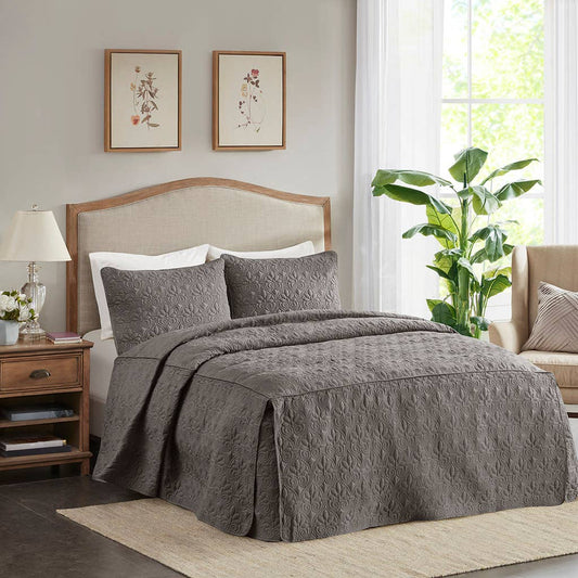 3 Piece Split Corner Pleated Quilted Bedspread, Dark Grey