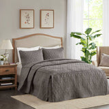 3 Piece Split Corner Pleated Quilted Bedspread, Dark Grey