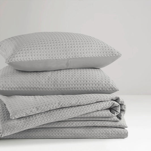 Waffle Weave Textured All Season Comforter Set, Light Grey